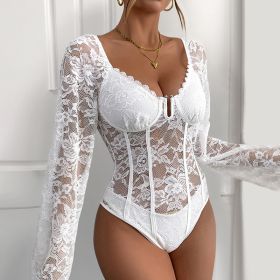 Sexy V-neck Lace Stitching Pull-up Solid Color Body Shaping Jumpsuit (Option: M-White)