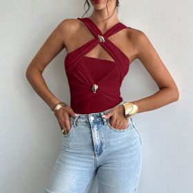 Women's Criss Cross Halter Bodysuit Ring Cut Out Sleeveless Fitted Leotard Tops (Option: Red-S)