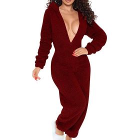 Women's Solid Color Plush Hooded Tracksuit Set Zip-Up Long Sleeve Top And Pants For Winter Loungewear (Option: Wine Red-XL)