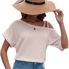 Women's Short-sleeved Solid Color Top Fashionable All-match Off-shoulder Knitted T-shirt (Option: Milky White-M)