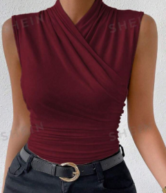 Women's Fashion Summer Solid Color Crisscross Pleated Sleeveless Tank Top (Option: Burgundy-M)