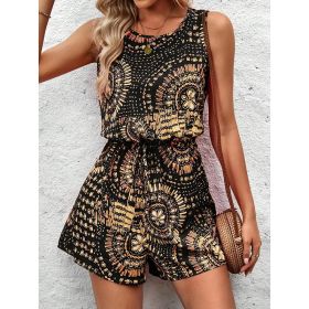 Women's Summer Casual Shorts Jumpsuit Allover Print Sleeveless Tank Top Rompers With Waist Tie (Option: Black-S)
