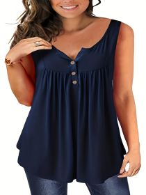 Self-pick-up Women's Plus Size Sleeveless Top V Neck Button Casual T-Shirt Only Self-pickup Is Supported (Option: Navy blue-1XL)