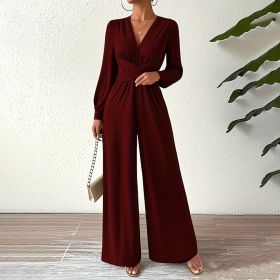 Women's Elegant Jumpsuit With Cross V-Neck & Long Sleeve Solid Color Belted Wide Leg Pantsuit For Office And Formal (Option: Wine Red-S)