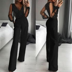 Women's Sexy Solid Color Deep V-Neck Tulle & Sequin Straight Leg Jumpsuit With Pockets For Spring&Summer Wear (Option: Black-M)