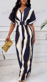 Print V-Neck Batwing Sleeve Jumpsuit (Option: Blue and White-L)