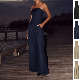 Loose Tube-top Jumpsuit Ins Fashion Backless Wide Leg Long Pants Overalls Women's Clothing (Option: Navy Blue-XS)