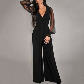 Women's Elegant V Neck Mesh Long Sleeve Loose Wide Leg Romper Party Jumpsuits With Rivet Cuffs (Option: Black-XL)