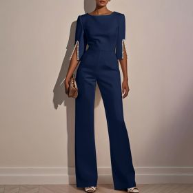 Women's Elegant Round Neck Jumpsuit - Mid-Sleeve With Side Slit Cuffs & Pearl Accents, Back Zipper Design For Casual To Formal Events (Option: Navy Blue-S)
