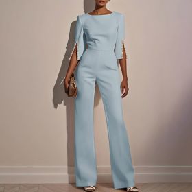 Women's Elegant Round Neck Jumpsuit - Mid-Sleeve With Side Slit Cuffs & Pearl Accents, Back Zipper Design For Casual To Formal Events (Option: Sky Blue-S)