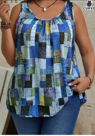 Plus Size Women's Summer Geometric Printed Round Neck Pleated Casual Tank Top (Option: Blue-S)