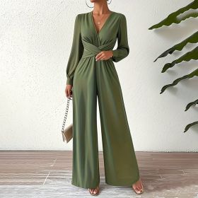 Women's Elegant Jumpsuit With Cross V-Neck & Long Sleeve Solid Color Belted Wide Leg Pantsuit For Office And Formal (Option: Green-M)