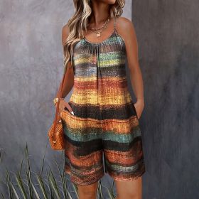 Womens Summer Casual Print Sleeveless Rompers Loose Spaghetti Strap Shorts Jumpsuit With Pockets (Option: Caramel-M)