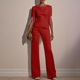 Women's Elegant Round Neck Jumpsuit - Mid-Sleeve With Side Slit Cuffs & Pearl Accents, Back Zipper Design For Casual To Formal Events (Option: Red-S)