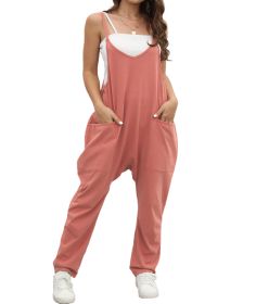 Self-pick-up Only Women's Casual Sleeveless Backless Loose Solid Color Jumpsuit Loose Stretch Pants Zipper Jumpsuit With Pockets Only Self-pickup (Option: Brick red-XXL)