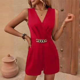 Women's Elegant Sleeveless V-Neck Jumpsuit Solid Color One-Piece With Belt Pockets & Metallic Chain Detail For Casual Wear (Option: Red-S)