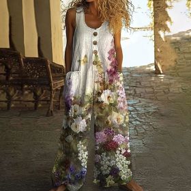 Women's Vintage Floral Jumpsuit - Sleeveless Button Front Romper With Pockets, Casual Loose Fit Long Pants Jumper (Option: Pattern4-XL)