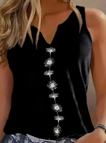 Floral Print Tank Top, Casual Notch Neck Summer Sleeveless Top, Women's Clothing (Option: Black-3XL)