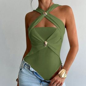 Women's Criss Cross Halter Bodysuit Ring Cut Out Sleeveless Fitted Leotard Tops (Option: Green-S)