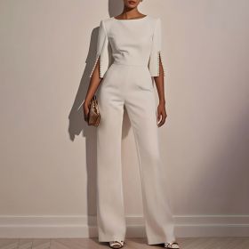 Women's Elegant Round Neck Jumpsuit - Mid-Sleeve With Side Slit Cuffs & Pearl Accents, Back Zipper Design For Casual To Formal Events (Option: White-M)