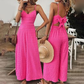 Women's Elegant Pink Sleeveless Jumpsuit With Back Bow V-Neck Palazzo Pants, Vintage Style Casual Beachwear For Spring & Summer (Option: M)