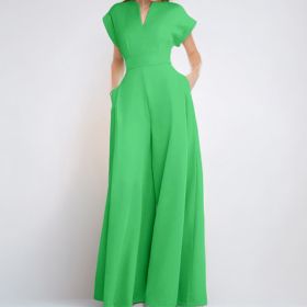 Women's V-Neck Solid Color Short Sleeve Jumpsuit Wide Leg A-Line Waist Tied Casual Summer Outfit (Option: Green-S)