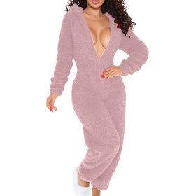 Women's Solid Color Plush Hooded Tracksuit Set Zip-Up Long Sleeve Top And Pants For Winter Loungewear (Option: Pink-L)