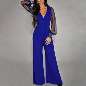 Women's Elegant V Neck Mesh Long Sleeve Loose Wide Leg Romper Party Jumpsuits With Rivet Cuffs (Option: Blue-XL)