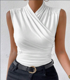 Women's Fashion Summer Solid Color Crisscross Pleated Sleeveless Tank Top (Option: White-S)