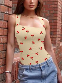 Women's One-piece Set Sleeveless Square Neck Skinny Yoga Bodysuit, Women's Sportswear Clothing (Option: Cherry-XL)