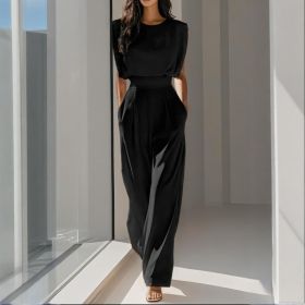 Women's Solid Color Round Neck Short Sleeve Wide-Leg Jumpsuit With Waist Design & Pockets Casual Romper For Spring&Summer (Option: Balck-M)