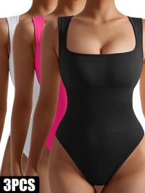3 Pack Women Workout Seamless Jumpsuit Yoga Ribbed Bodycon One Piece Spaghetti Strap Romper (Option: 3PACK1-L)