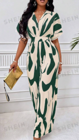 Print V-Neck Batwing Sleeve Jumpsuit (Option: Green-S)