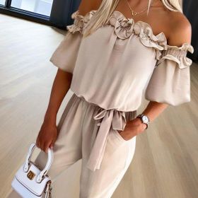 Women's Solid Color Elegant Off-Shoulder Jumpsuit With Ruffle Sleeves & Tie-Waist Summer Casual Romper (Option: Beige-S)