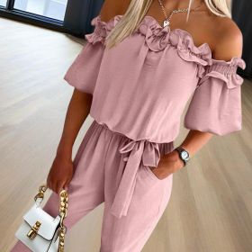 Women's Solid Color Elegant Off-Shoulder Jumpsuit With Ruffle Sleeves & Tie-Waist Summer Casual Romper (Option: Pink-M)