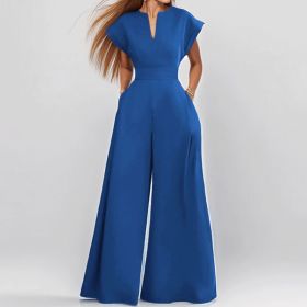Women's V-Neck Solid Color Short Sleeve Jumpsuit Wide Leg A-Line Waist Tied Casual Summer Outfit (Option: Blue-S)