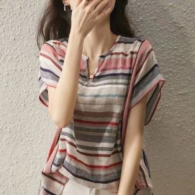 New Striped Shirt Women's Short Sleeve Loose (Option: Picture color-L)