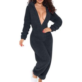 Women's Solid Color Plush Hooded Tracksuit Set Zip-Up Long Sleeve Top And Pants For Winter Loungewear (Option: Dark Gray-XXL)