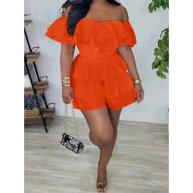 Womens Sexy Off Shoulder Rompers Summer Ruffle Short Sleeve Tiered Short Jumpsuits (Option: Orange-S)