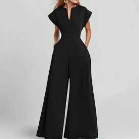 Women's V-Neck Solid Color Short Sleeve Jumpsuit Wide Leg A-Line Waist Tied Casual Summer Outfit (Option: Black-M)