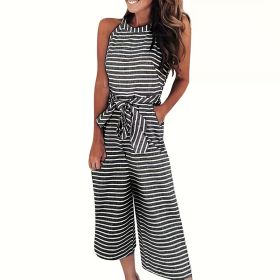 Womens Casual Striped Jumpsuits Summer Cap Sleeve Wide Leg Jumper Romper Button Down Travel Beach Outfits (Option: Black-M)