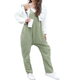 Self-pick-up Only Women's Casual Sleeveless Backless Loose Solid Color Jumpsuit Loose Stretch Pants Zipper Jumpsuit With Pockets Only Self-pickup (Option: Green-XL)