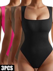 3 Pack Women Workout Seamless Jumpsuit Yoga Ribbed Bodycon One Piece Spaghetti Strap Romper (Option: 3PACK3-S)