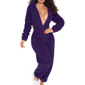 Women's Solid Color Plush Hooded Tracksuit Set Zip-Up Long Sleeve Top And Pants For Winter Loungewear (Option: Purple-S)