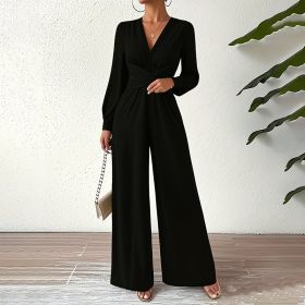 Women's Elegant Jumpsuit With Cross V-Neck & Long Sleeve Solid Color Belted Wide Leg Pantsuit For Office And Formal (Option: Black-XL)