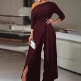 Women's Elegant One-Shoulder Jumpsuit With Long Sleeves & Pants Slit Pleated Waist Formal & Party For Spring&Summer (Option: Wine Red-XXL)
