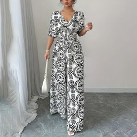 Womens Jumpsuits Short Sleeve V Neck Smocked Dressy Casual Wide Leg Pants Romper 2025 Summer One Piece Outfits (Option: Black White-M)