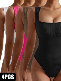 4 Pack Women Jumpsuit Workout Romper Short Sleeve Gym One Piece Bodycon Unitards Tummy Control Yoga Bodysuit (Option: 4PACK2-S)