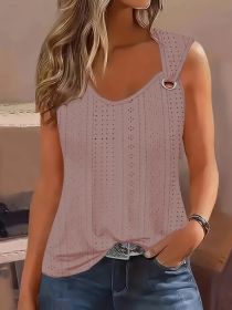 Eyelet Solid Tank Top, Casual Sleeveless Tank Top For Summer, Women's Clothing (Option: Pink-S)