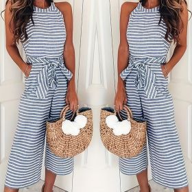 Womens Casual Striped Jumpsuits Summer Cap Sleeve Wide Leg Jumper Romper Button Down Travel Beach Outfits (Option: Blue-M)